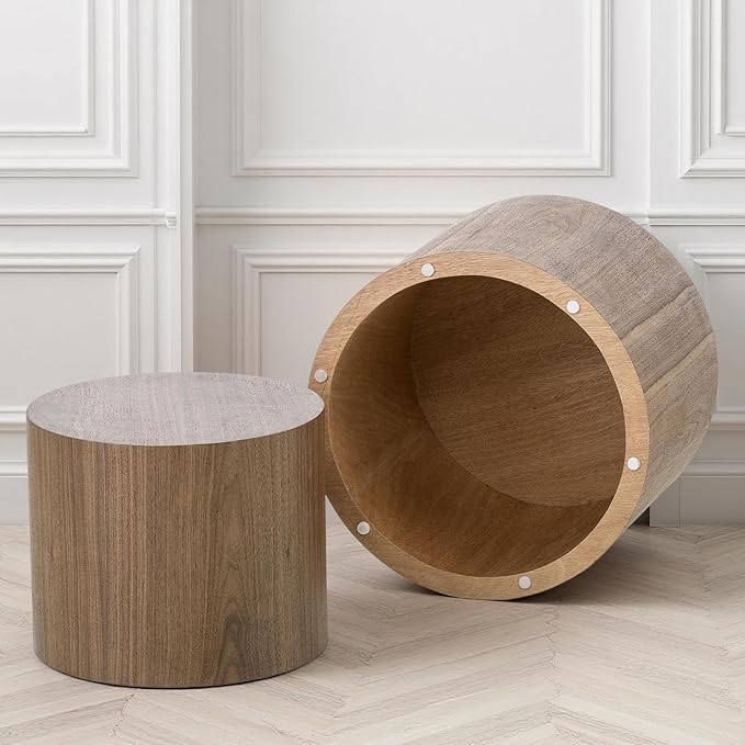 Nesting Coffee Table Set of 2, Modern Round Side Tables with Non-Slip Feet, Walnut Wooden Accent Table, Circle End Tables, Minimalist Table for Small Space Living Room Bedroom Balcony