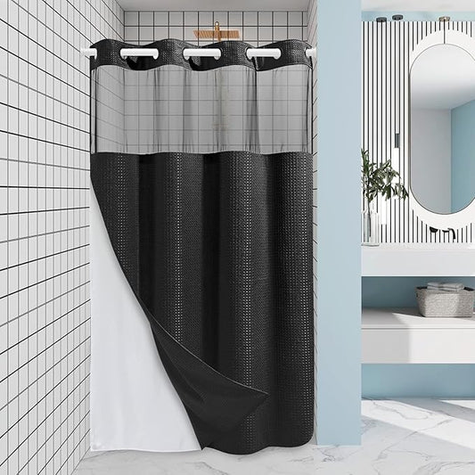Stall No Hook Shower Curtain with Snap in Liner,230GSM Waffle Weave Shower Curtains for Bathroom,60W x 74H,Black