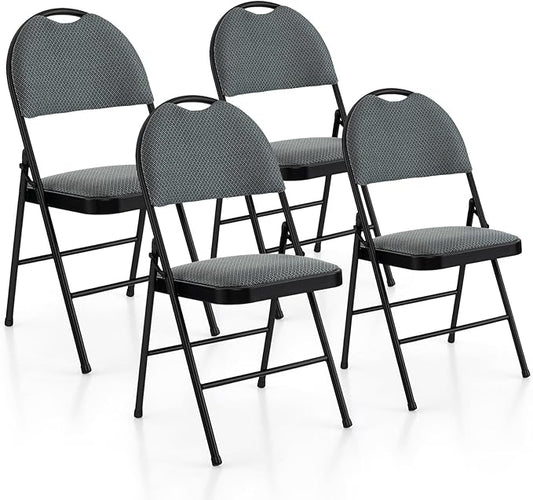 POWERSTONE Folding Chairs 4 Pack, Foldable Chair Set with Padded, Handle Hole and Metal Frame Dining Chair Set for Indoor and Outdoor, School, Office and Garden Party (Grey)