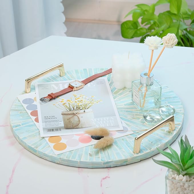 PEMAR Mother of Pearl Decorative Tray, 13" Round Display and Serving Tray with Gold Handles, Vanity/Perfume/Trinket Catchall for Dresser, Bathroom, Vanity Table (Teal Sunlight Starburst Pattern)