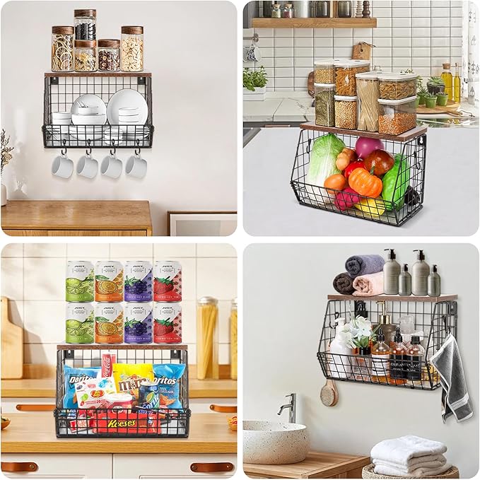 Livabber Fruit Basket for Kitchen, Metal Fruit Vegetable Storage Bin with 2 Banana Hangers, Countertop Wire Basket Organizer for Snack Potato Onion, Screw Mounted or Stand (Black, 1 Pack)