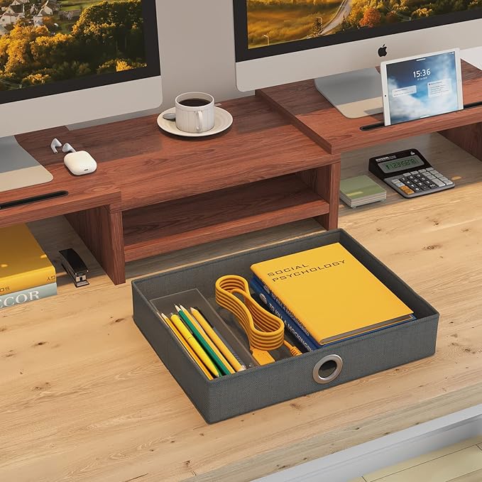 WESTREE Dual Monitor Stand Riser with Drawer - Adjustable Length and Angle, 2 Phone Hold, Desktop Organizer for Computer/Laptop/PC/Printer