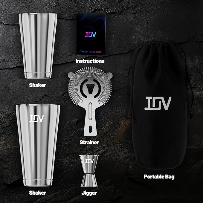 IOV Boston Cocktail Shaker Bar Set, Bartender Kit Drink Mixer Set with 18 oz & 28 oz Boston Shakers, Hawthorne Strainer, Double Jigger, Bar Tool Kit and Recipe Booklet - Silver