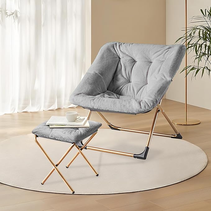 Comfy Oversized Saucer Chair with Ottoman,Soft Faux Fur Reading Lounge Chair for Adults,Stable X-Large Metal Frame and Non-Slip Pad,Cozy Chair for Bedroom, Living Room, Dorm, Light Gray