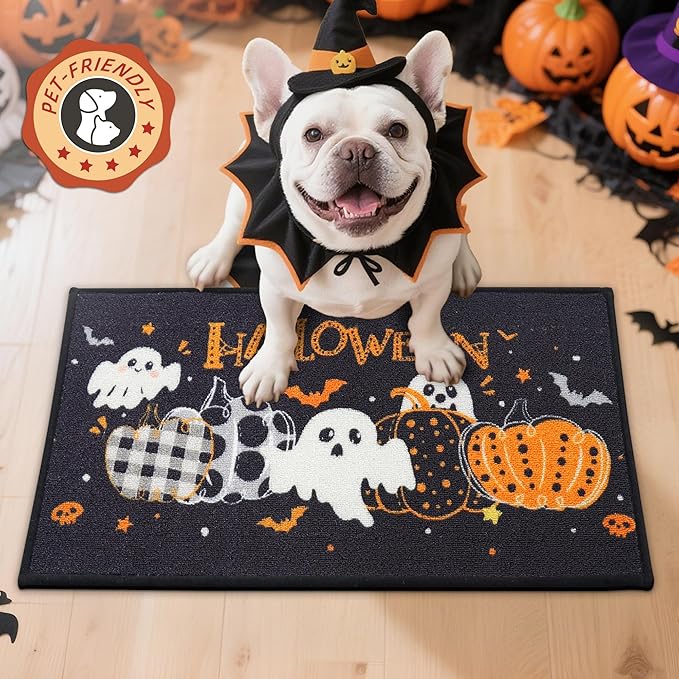 JSEI Halloween Holiday Doormat, 17''x30'' Non-Slip Ghost and Pumpkins Decorative Welcome Mats for Floor, Low-Profile Entryway Rugs Washable, Pumpkins Party Pattern