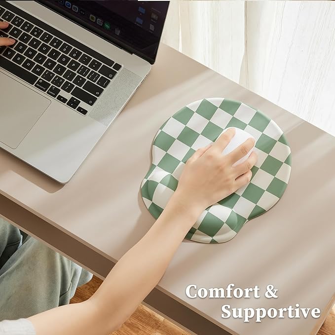Sage Green Checkered Mouse Pad with Gel Wrist Rest, Wrist Support, Ergonomic Desk Accessories for Women, Office Laptop Gaming Decor, Cute Aesthetic Trendy Check Design