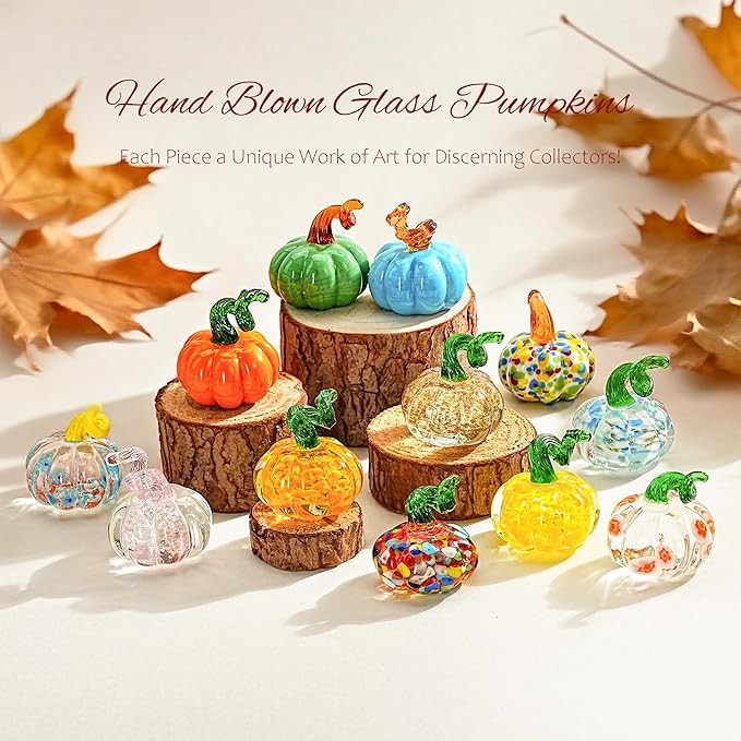 H&D HYALINE & DORA 12 Pcs Mini Blown Glass Pumpkin Figurines Crystal Halloween Pumpkin Art Decorations Table Accent for Home Thanksgiving Halloween
