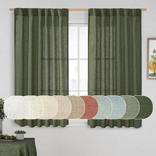 LAMIT Olive Green Linen Semi Sheer Curtains 45 Inch for Bedroom, Light Filtering Neutral Window Curtains Boho Back Tab and Rod Pocket Christmas Decor Panels, 2 Panels, 52 x 45 Inch