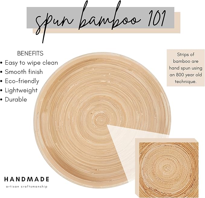 Spun Bamboo Round Wooden Tray, Gray, 13.75 Inches