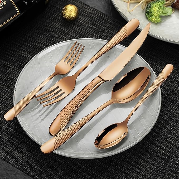 Lemeya 20-Piece Hammered Rose Gold Silverware Set for 4 with Serrated Forging Knives,18/10 Stainless Steel Modern Flatware Set,Unique Cutlery Set Spoons and Forks Set,Mirror Polished,Dishwasher Safe