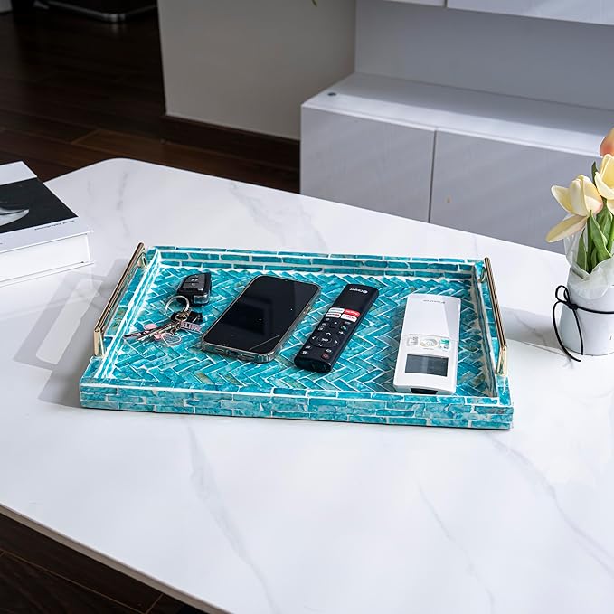 PEMAR Capiz Shell Decorative Tray with Gold Handles – 15.7"x11.8" Rectangular Display & Serving Tray for Vanity, Dresser, Bathroom (Mosaic Chevron)