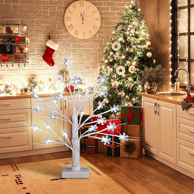Retisee 1 Pcs Snowflake Tree LED Light with 24 LED Lights Timer USB Battery Operated Christmas Snow Indoor Outdoor for Home Table Party Decor (White Color,Snowflake)