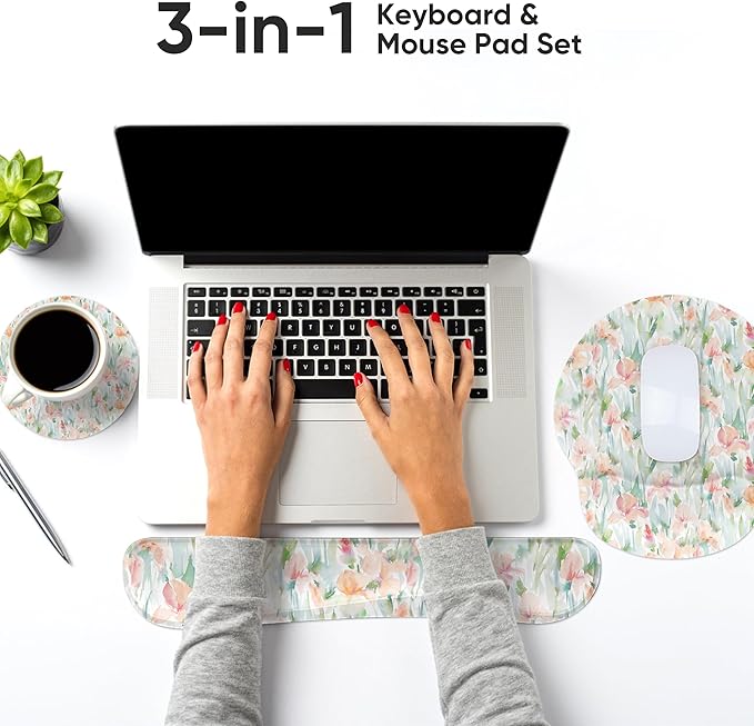 Ergonomic Keyboard Mouse Pad Wrist Rest Support Set for Laptop/Computer/Desktop,Memory Foam Hand Rest Wrist Cushion for Gaming/Office,Lightweight Comfortable & Pain Relief (Watercolor Flowers)