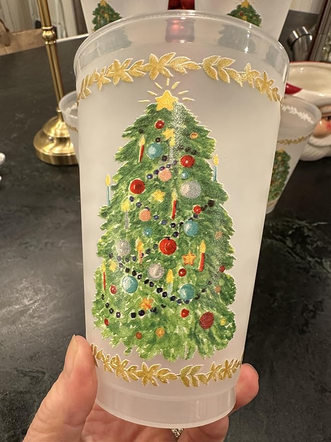 Marye-Kelley Christmas Tree Shatterproof 20 Oz Frosted Cups - Set of 6 Cups - BPA Free - Made in the USA Dishwasher Safe