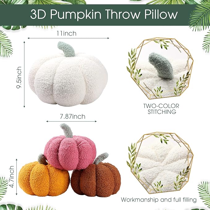 Kajaia 4 Pcs Fall Decor Pumpkin Throw Pillow Fall Pillow 11 Inches 7 Inches 3D Cushion Thanksgiving Sherpa Plush Fluffy Stuffed for Autumn Halloween Christmas Home Sofa(White, Yellow, Red, Brown)
