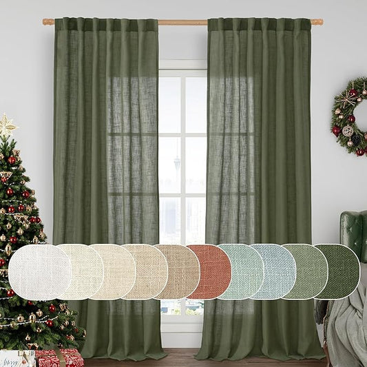 LAMIT Olive Green Linen Curtains for Living Room 2 Panels, Light Filtering Semi Sheer Panels Back Tab and Rod Pocket Christmas Panels for Bedroom/Sliding Glass Door, 52 x 108 Inch