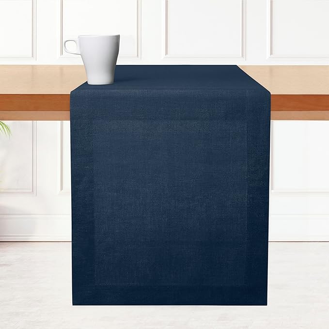 D'Moksha Homes Linen Navy Blue Table Runner 108 Inches Long - 100% Pure Linen Dining Table Runner 14 x 108 Inch for Fall, Autumn and Halloween - Machine Washable