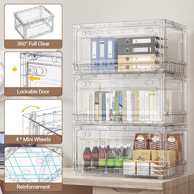 BROVIEW Clear Stackable Storage Bins Drawers, 240Qt Open Front Large Plastic Storage Bins with Lids and Wheels, Foldable Closet Organizers and Storage for Wardrobe Cabinets, Pantry, Makeup,3 Pack