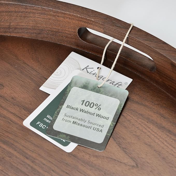 20 x 20 inches Large Round Ottoman Table Tray Wooden Solid Black Walnut Circle Platter Decorative Serving Tray with Handle for Oversized Ottoman Home Breakfast in Bed Tea Coffee