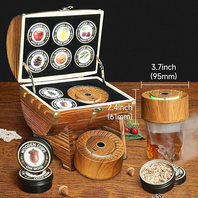 Whiskey Smoker Kit with Wooden Barrel Case, Electric Cocktail Smoker and 8 Flavors Wood Chips, Luxurious Old Fashioned Smoker Kit Bourbon Gifts for Men