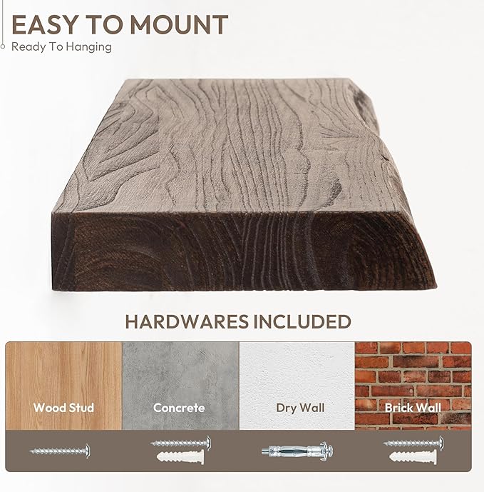 Marsmiles 40 inch Floating Shelves for Wall Elm Wood Live Edge Shelves Wall Mounted|Rustic Long Floating Shelves with Invisible Bracket for Bathroom Living Room Kitchen|Walnut, 1 Pack