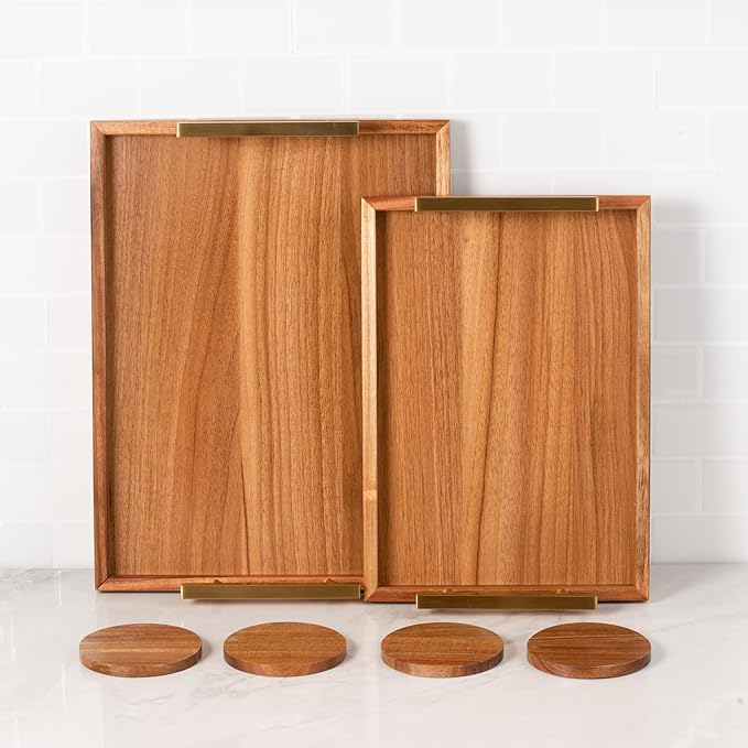 Decorative Ottoman Serving Tray Wooden Rustic (Set of 2), Acacia Brown | Black Sleek Metal Handles | 4 Matching Coasters | Coffee Table Decor | Serving Kitchen Platter (Acacia Brown)