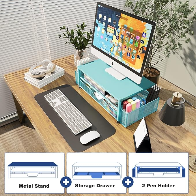 Desk Organizers and Accessories, 2-Tier Computer Monitor Stand Riser with Drawer and 2 Pen Holders, Laptop Stand, Office Desk Accessories for Office Supplies, Teal Blue
