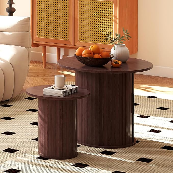 Nesting Coffee Table Set of 2 with Hidden Storage & Sliding Door, Circle Wood Coffee Table, Farmhouse Side & End Table Sets for Living Room, Small Spaces, Walnut