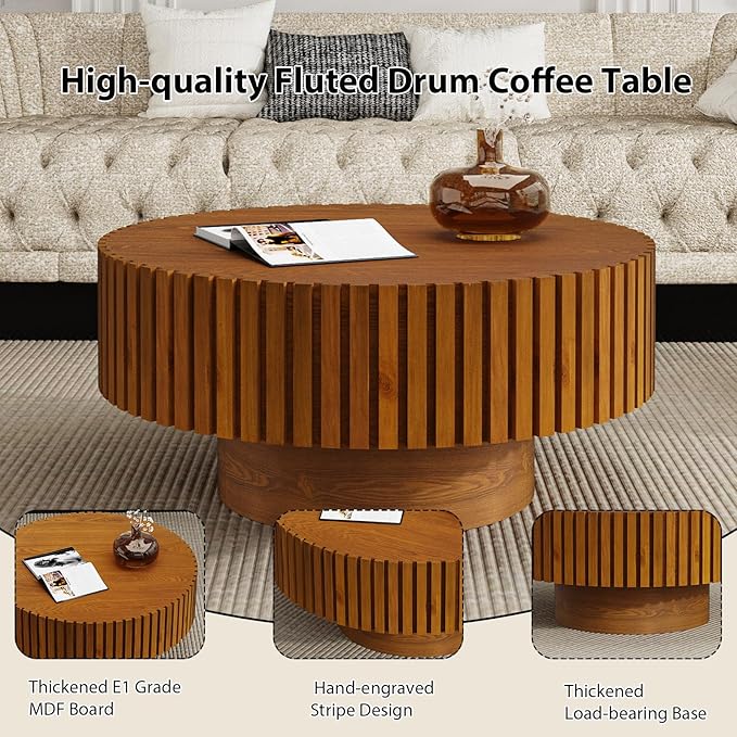 Round Fluted Coffee Table Mid Century Modern Coffee Tables with Handcrafted Relief Circle Drum End Table Rustic Industrial Center Tables for Apartment Living Room (Wood Round)