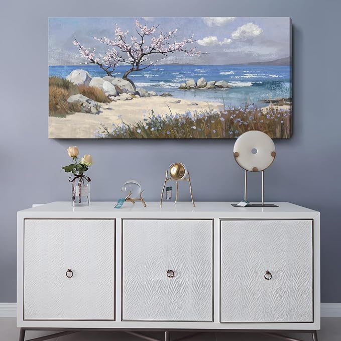 amatop Large Coastal Wall Art Prints– Blue Ocean Beach Abstract Landscape Canvas Picture Pink Floral Tree Cherry Blossom Nature Decorative Artwork for Living Room Bedroom Office Home Decor 48x24 In