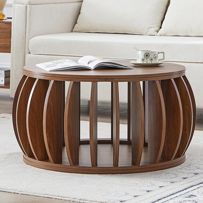 Drum Coffee Table with Storage,31.5” Wood Round Coffee Table,Farmhouse Pumpkin-Shaped Center Table for Living Room Home Office (Walnut)