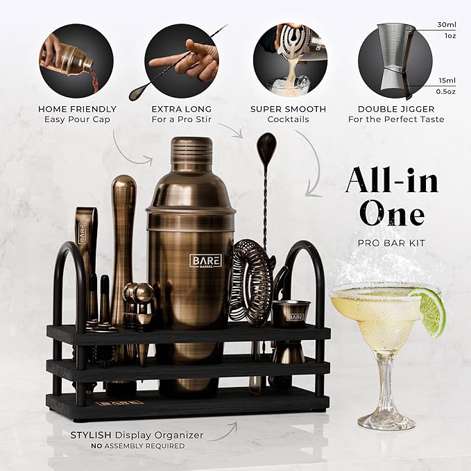 BARE BARREL® Mixology Bartender Kit Bar Set | 14-Piece Cocktail Shaker Set | Martini Barware Mixing Tools for Home Bartending | 35 Recipe Cards | Gift Set (24oz Cobbler Shaker, Brass/Black)