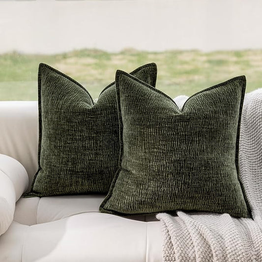 DWR Decorative Throw Pillow Covers Set of 2, 18x18 Crinkled Chenille Textured Cushion Covers for Couch, Sofa or Bed, Modern Rustic Home Accent in Dark Sage
