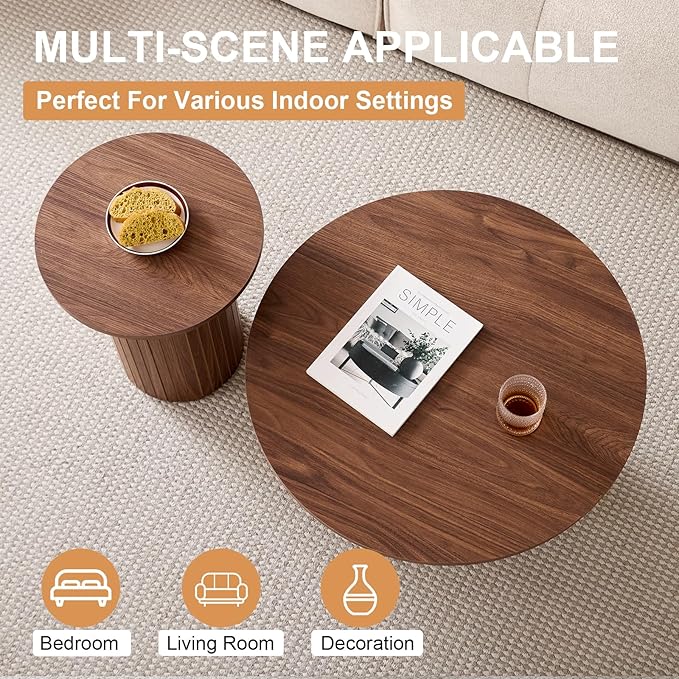 Round Nesting Coffee Tables Set of 2 -φ27.6 Large Short + φ15.8 Small Tall Boho Circle Side Tables with Fluted Drum Design, Brown