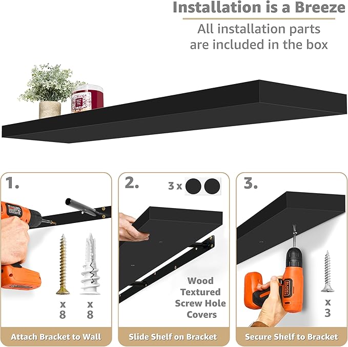 Sorbus Floating Shelves for Wall - 55 Inch Extra-Long Bathroom Shelves, Wall Decor for Bedroom, Kitchen, Living Room, Book Storage - Mounted Floating Shelf with Hidden Brackets (Black, 2 Pack)