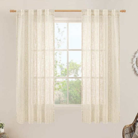 LAMIT Semi Sheer Beige Linen Curtains 63 inch, Light Filtering Panels Back Tab and Rod Pocket Neutral Drapes for Bedroom/Living Room, Beige, 2 Panels, 34 x 63 Inch