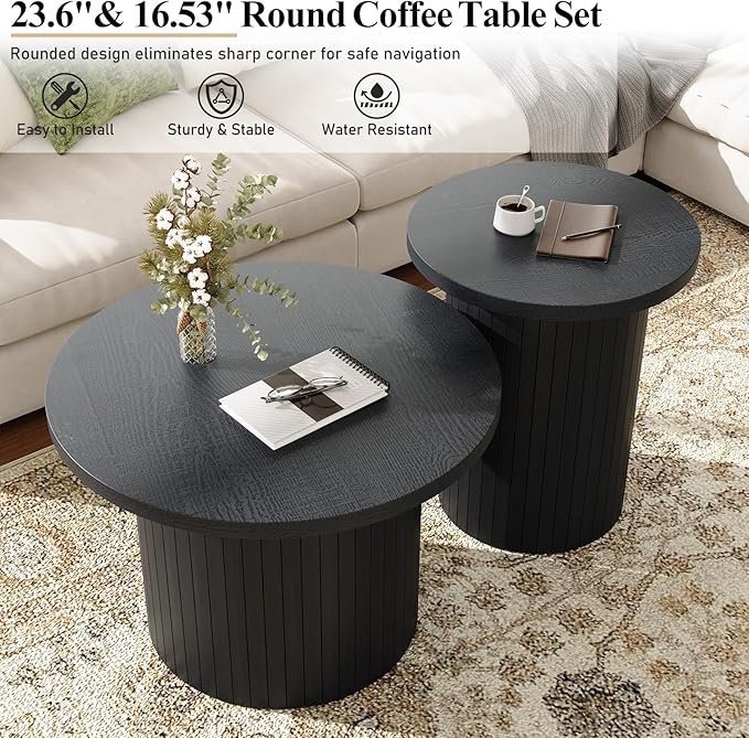 Nesting Coffee Table Set of 2, Mid Century Modern Round Coffee Table, Wood Slat Side Table Set for Living Room, Office, Balcony, Textured Black