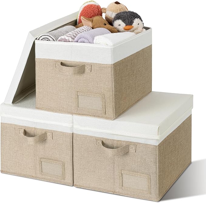 GRANNY SAYS Storage Bins with Lids, Storage Baskets for Linen Closet Shelves, Decorative Storage Boxes, Clothes Storage and Organization for Organizing, 3-Pack, Large, Khaki&Ivory