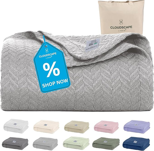 Cloud Scape Linen Herringbone Cotton Throw Blanket for Couch, Bed, Home Decor, Soft, Lightweight, All-Season Travel Blanket, 50 x 70, Light Grey