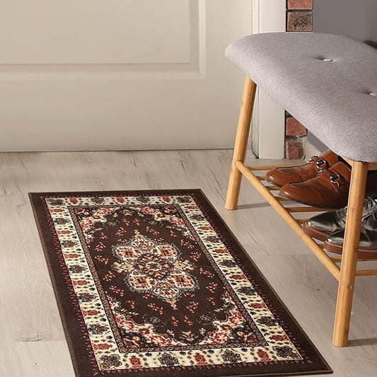 Antep Rugs Alfombras Oriental Traditional 2x4 Non-Skid (Non-Slip) Low Profile Pile Rubber Backing Kitchen Area Rugs (Brown, 2'3" x 4')