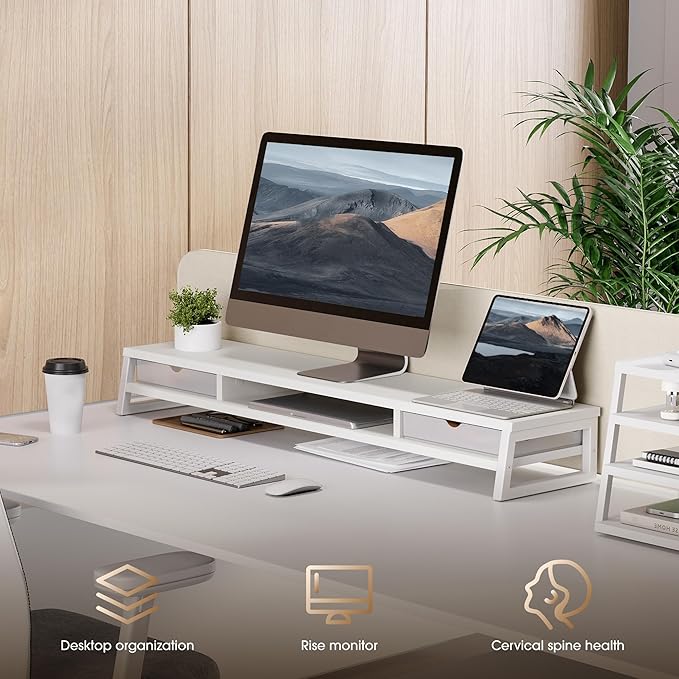 Fenge Dual Monitor Stand, Monitor Riser with Drawer, 42.5 Inch Large Computer Monitor Stand for 2 Monitors, 2 Tier Wooden Desk Shelf for Top of Desk