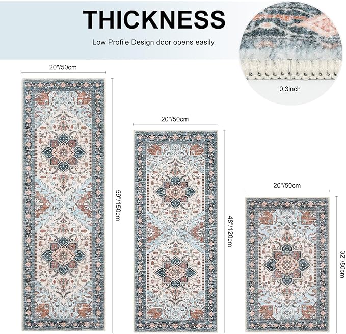 Yamaziot Boho Washable Kitchen Rugs Sets of 3, Non Slip Kitchen Mats for Floor with Rubber Backing, Waterproof & Stain Resistant Thick Carpet Runner Throw Rug for Kitchen, Laundry Room, Hallway