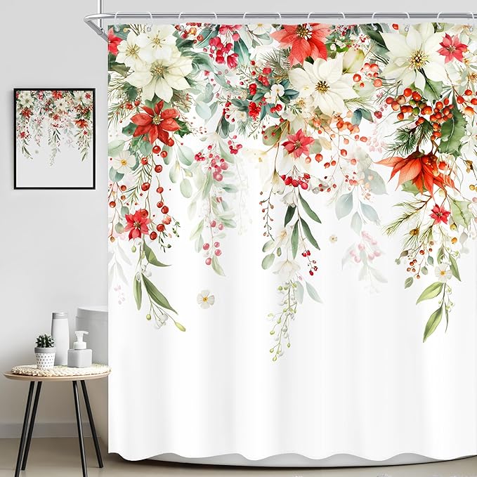 Christmas Shower Curtain 60Wx72L Inch Red Floral White Xmars Flowers Poinsettias Winter Holiday Bathroom Set Happy New Year Plant Watercolor Bath Curtain Bathtub Accessories Home Decor