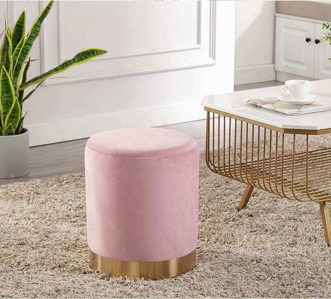 DAGONHIL Modern Round Pink Velvet Ottoman,Upholstered Floor Stools with Gold Plating Base,Accent Makeup Stool for Living Room,Bedroom and Kids Room,Pack of 1(Pink)