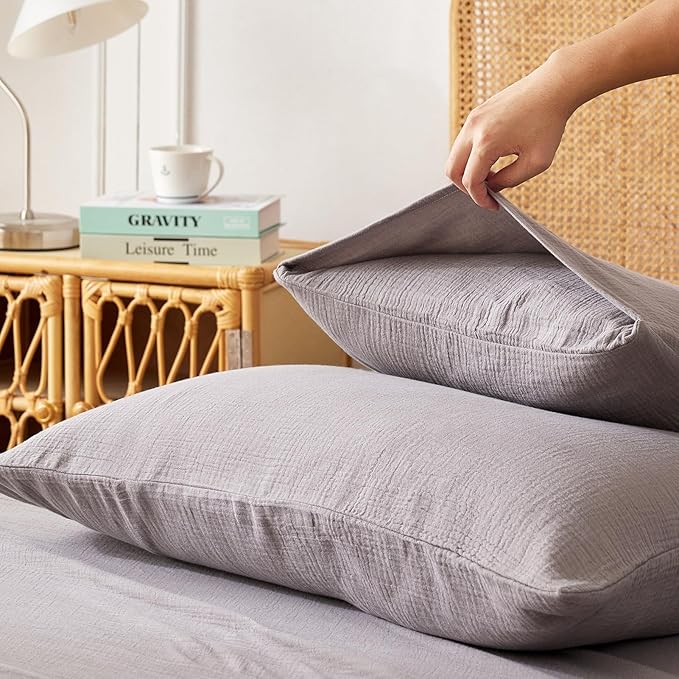 Twin Sheets Set 100% Cotton Bed Sheets 3 Pcs Gray Fall Linen Like Sheet 16" Deep Pocket Sheet & Pillowcase Sets Boho Muslin Soft Twin Bedding Sets for All Season Machine Wash