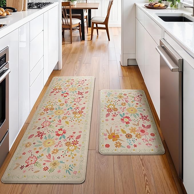 GENIMO Kitchen Mats for Floor 2PCS, Cushioned Kitchen Rugs Non Slip Washable, Farmhouse Anti Fatigue Mat Waterproof, Comfort Standing Mat Rug for Office, Home, Laundry, 17.3"x47"+17.3"x30", Beige