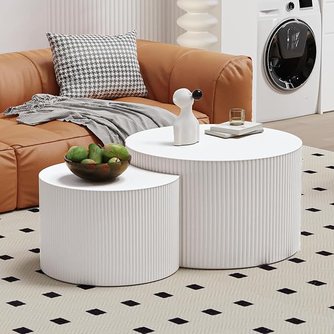 Round Nesting Coffee Table Wood Drum Nesting Tables Modern Stacking Coffee Table Set of 2 Fluted Center Table End Table for Living Room Home Office Small Spaces, No Assembling (White Large)