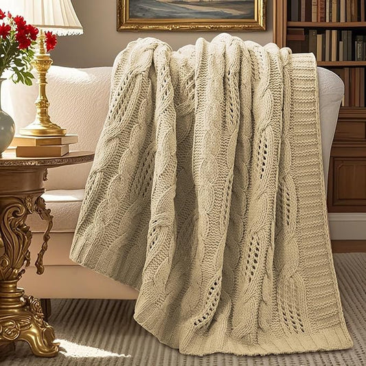 Amélie Home Chunky Knit Throw Blanket, Dual-Sided Soft Chenille Breathable Cable Knitted Blanket for Couch, Farmhouse Decorative Throw for Sofa & Chair, 60"x80", Beige