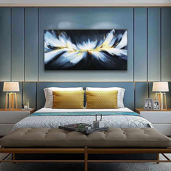 Abstract Black And Gold Wall Art Maximalist Canvas Wall Art Decor Prints Modern White Abstract Wall Decor Artwork For Living Room Bedroom Kitchen Office Artwork Ready To Hang 24" × 48"