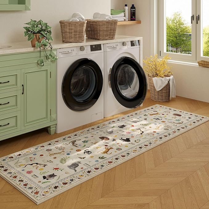 Rugcomf Runner Rug for Kitchen Non Slip 2'6''x8' Washable Rugs with Rubber Backing Soft Floral Animal Cat Carpet Runner for Kitchen Laundry Bedroom Bathroom, Beige